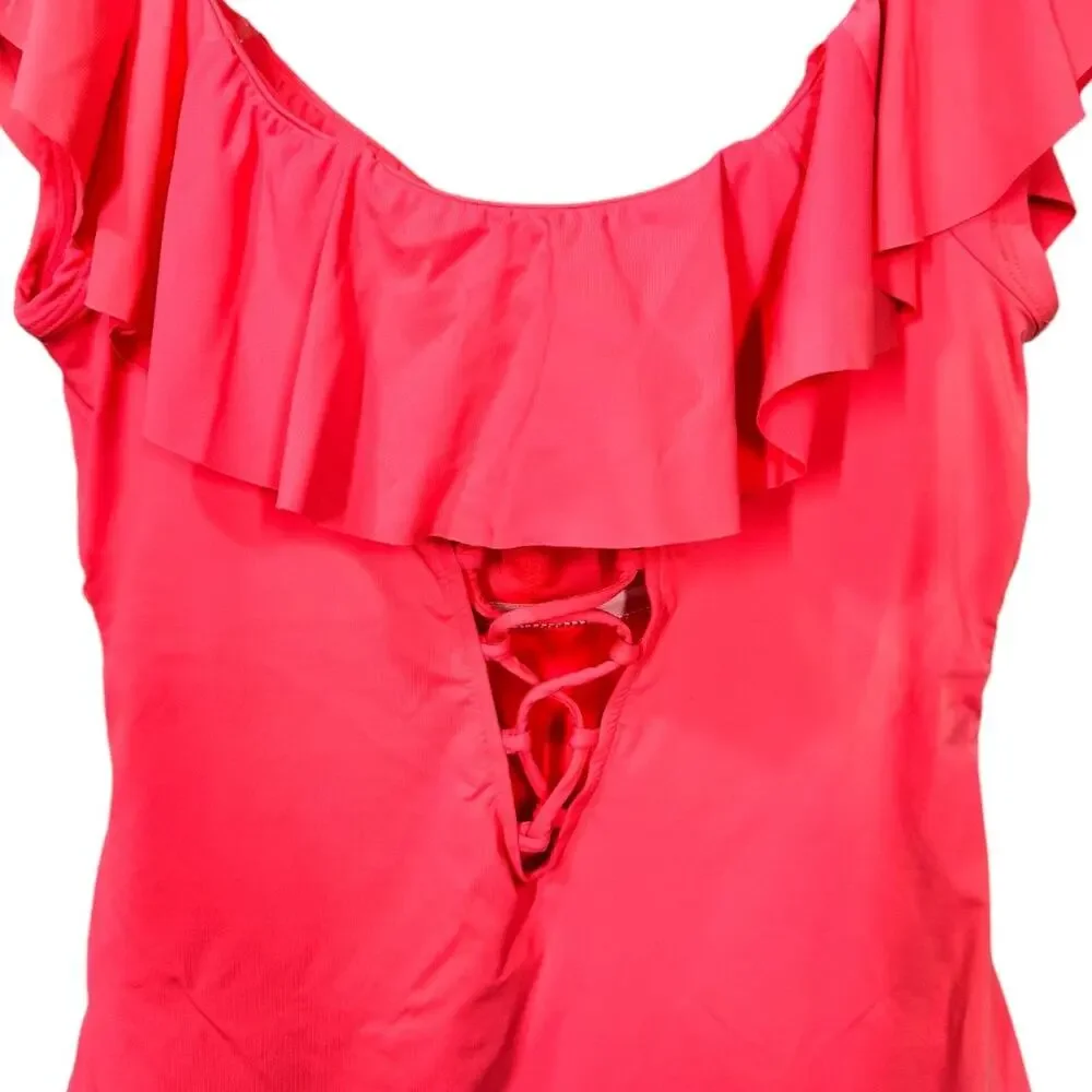 La Blanca Island Goddess Off Shoulder Ruffle One Piece Swimsuit 14 Hot Coral - Picture 6 of 9